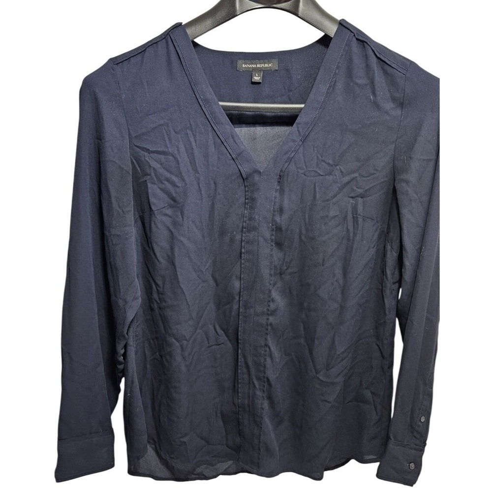 Banana Republic Blouse Women Large Navy Blue V-Neck Long Sleeve Back Cutout Top